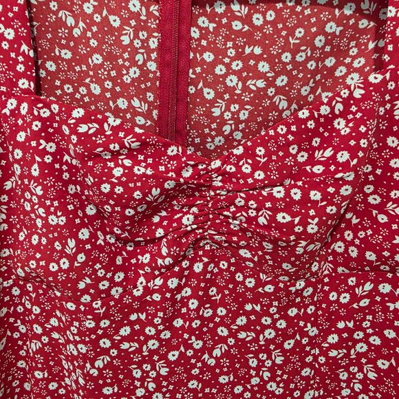 Bardot Red White Floral Midi Dress – Size 8 / Medium – Puff Sleeve Ruched Front - Picture 5 of 9